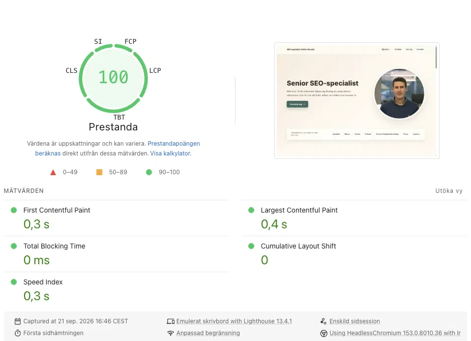 PageSpeed Insights för dator med 100 i prestanda. First Contentful Paint 0,3 sekunder, Largest Contentful Paint 0,4 sekunder, Total Blocking Time 0 millisekunder, Cumulative Layout Shift 0 och Speed Index 0,3 sekunder.