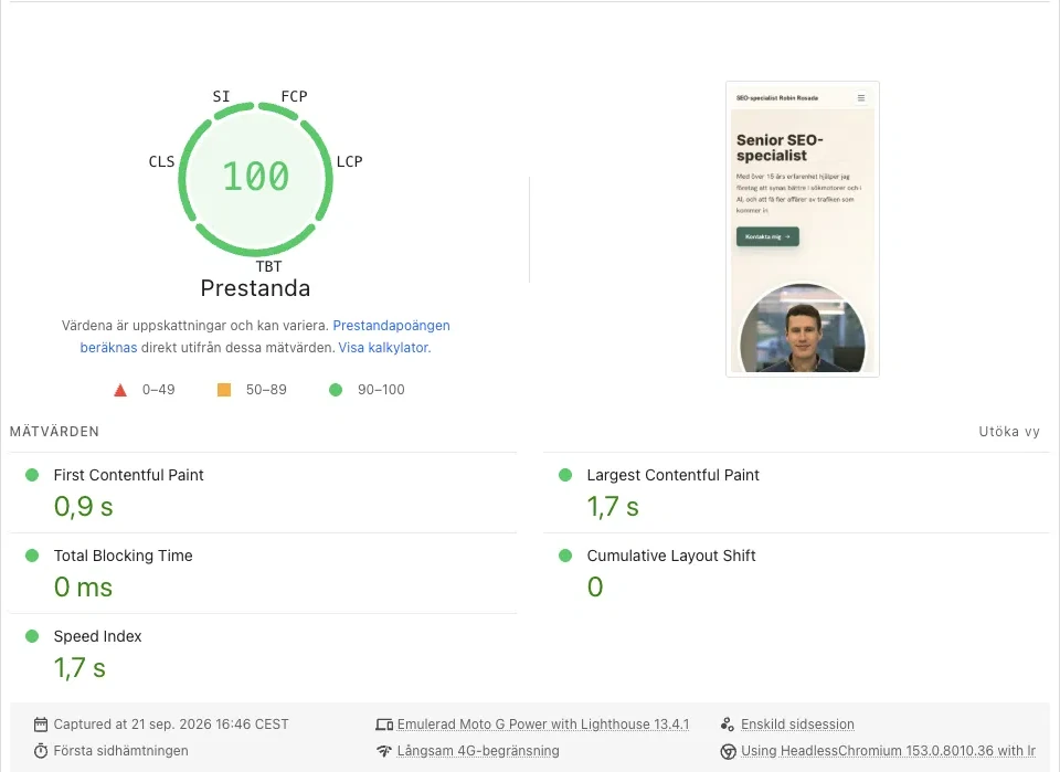PageSpeed Insights för mobil med 100 i prestanda. First Contentful Paint 0,9 sekunder, Largest Contentful Paint 1,7 sekunder, Total Blocking Time 0 millisekunder, Cumulative Layout Shift 0 och Speed Index 1,7 sekunder.