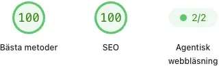 Poäng i PageSpeed för bästa metoder 100, SEO 100 och agentisk webbläsning 2 av 2.